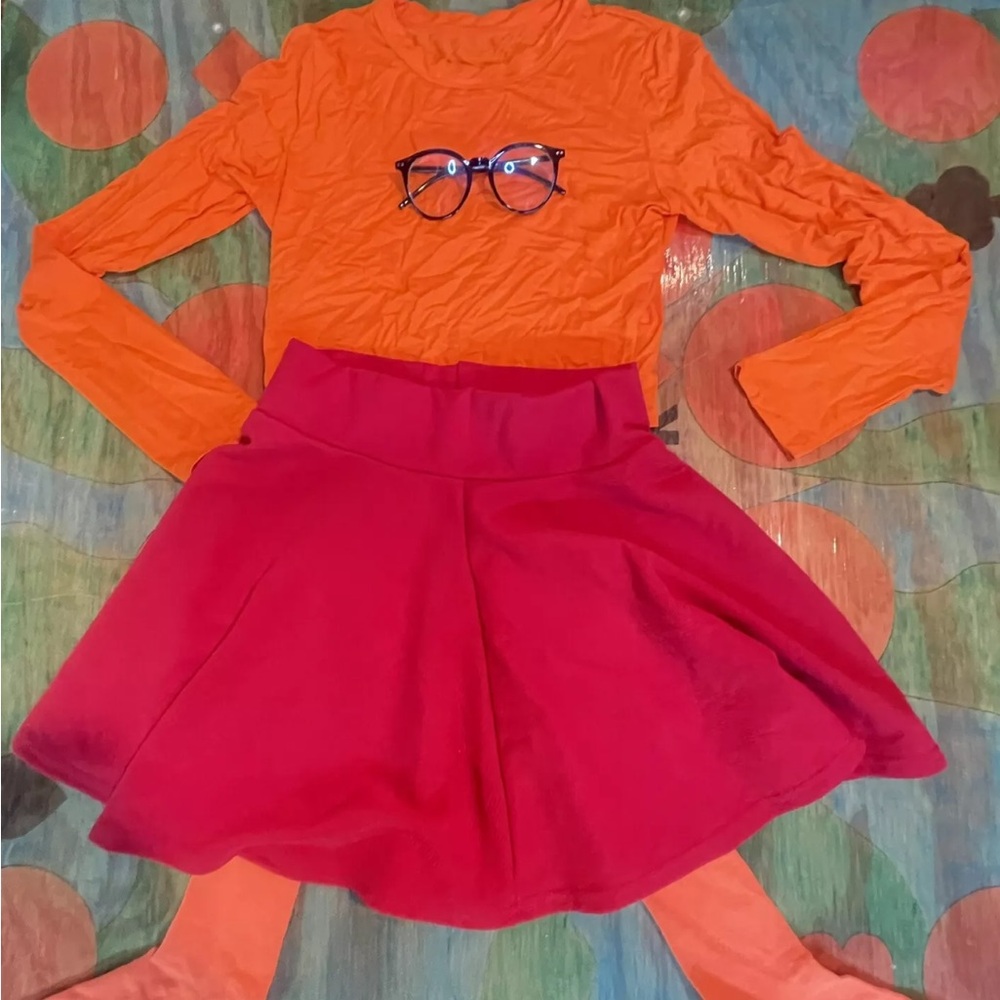 Womens Velma Costume Adult Halloween Cosplay Outfit XS Orange Red Scooby Doo